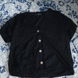 STUNN’D black button-up short sleeve with adjustable tie and wooden bottons